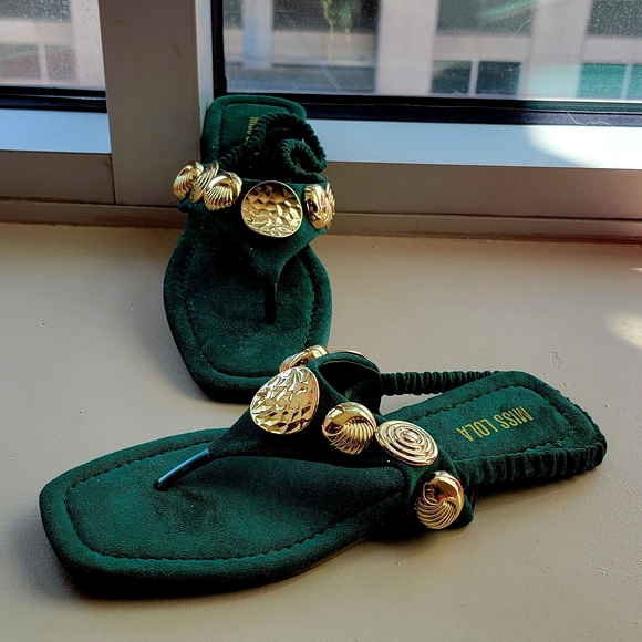 Miss Lola Green and Gold Velvet Sandals - Picture 1 of 7